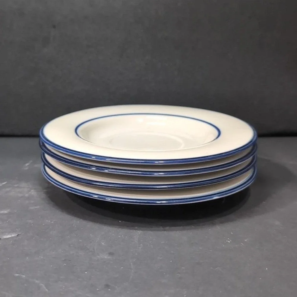 Permastone Stoneware Saucers, Set‎ of 4, Vintage White Plates With Blue Trim